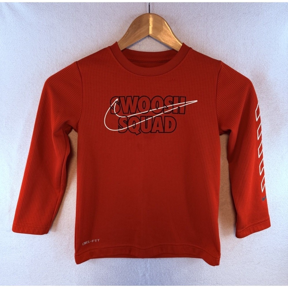 The‎ Nike Tee Dri-Fit Boys Size M 6 (5-6) Red Logo LS T-Shirt, Swoosh Squad
